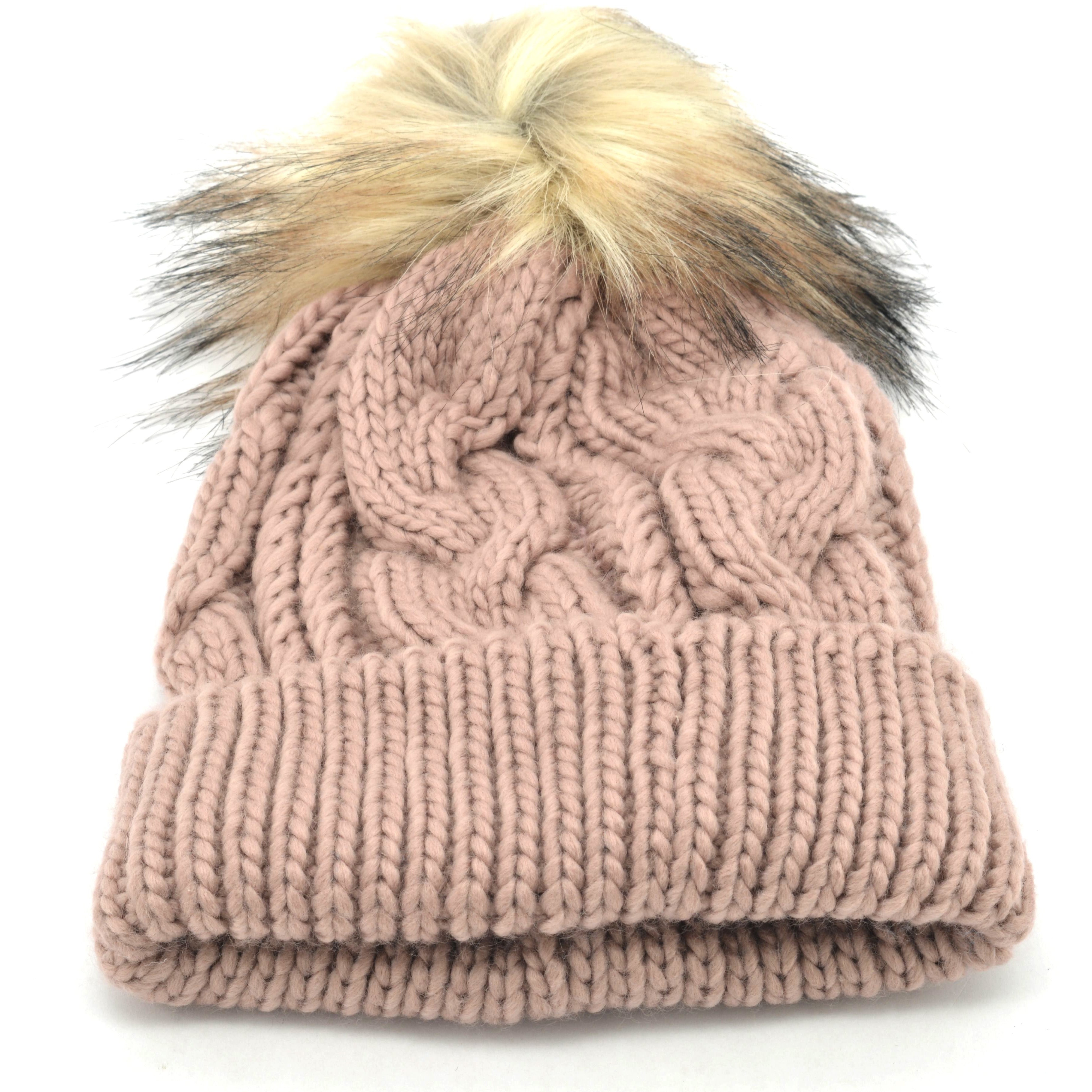 David and Young Ladies Cable Knit Winter Hat / Faux Fur Pom / Cuffed / 100% Acrylic