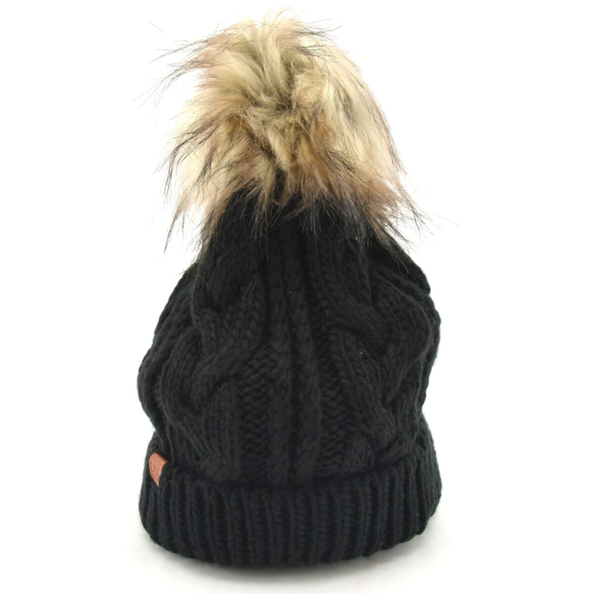 David and Young Ladies Cable Knit Winter Hat / Faux Fur Pom / Cuffed