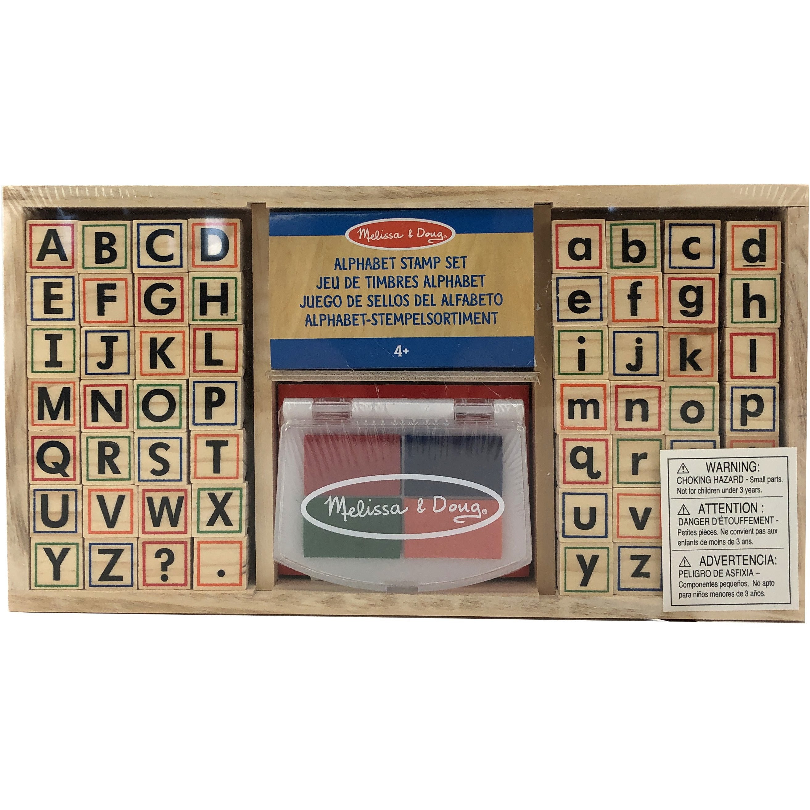 Kids alphabet Stamp toy made with real wood handles and multicolored stamp pad
