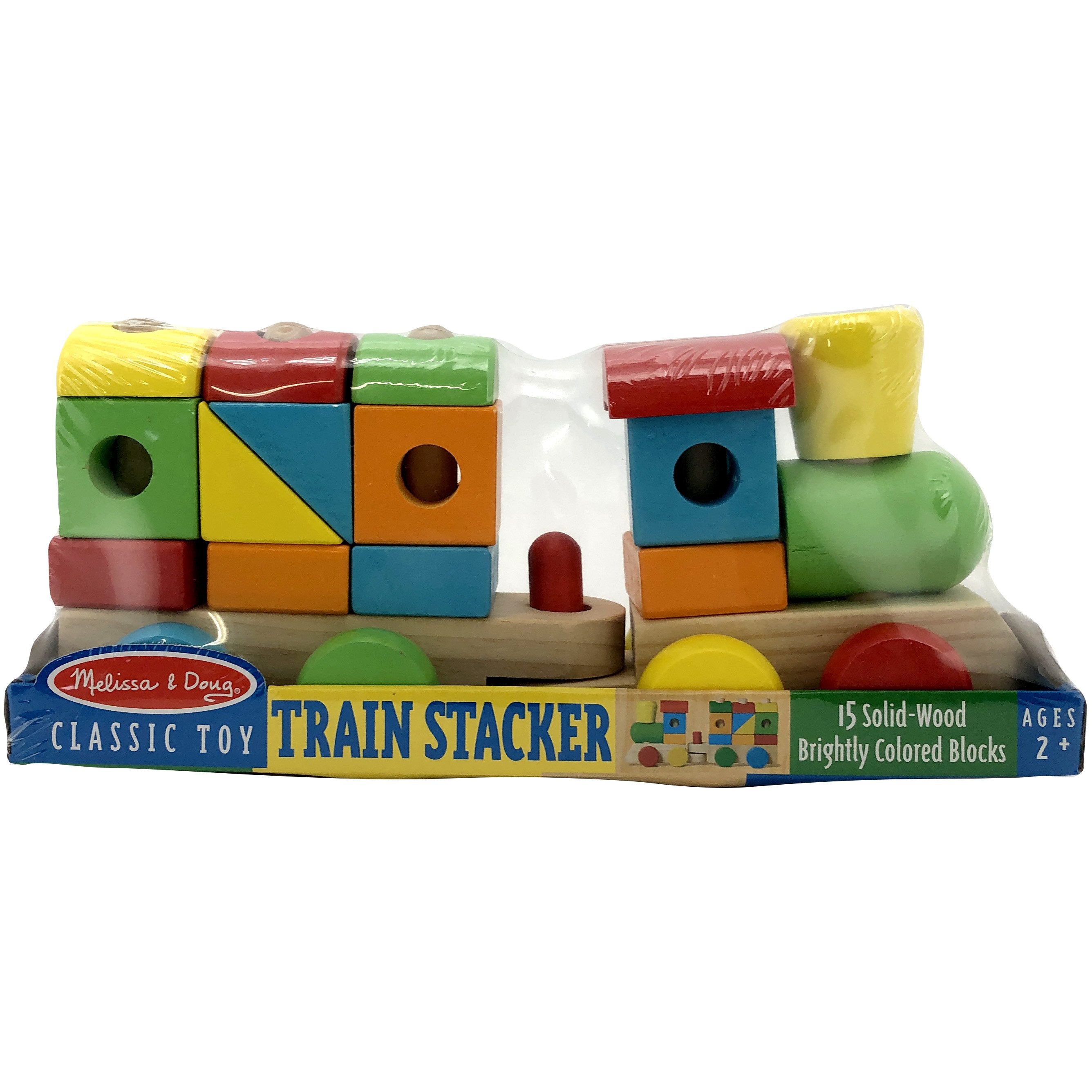Melissa & Doug Toy wooden train with caboose and 15 brightly colored stacking blocks
