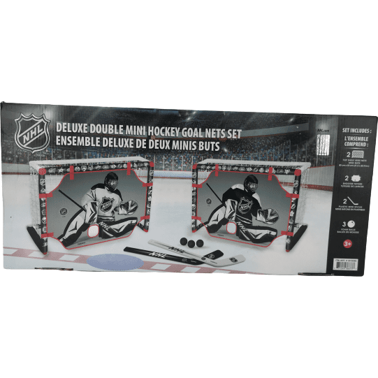 Mini Hockey Net Set Includes:   - 2 mini hockey nets 31.5' x 20.75"   - 2 shooter tutors   - 2 mini plastic sticks   - 3 foam balls
