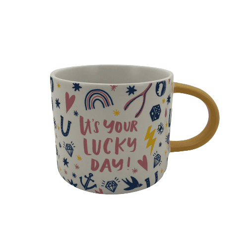 Hello! Lucky "It's Your Lucky Day!" Coffee Mug: Pink, Blue & Yellow