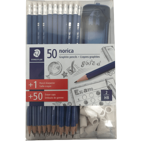Staedtler 50 Pack of Pencils, Eraser Caps and 1 Sharpener