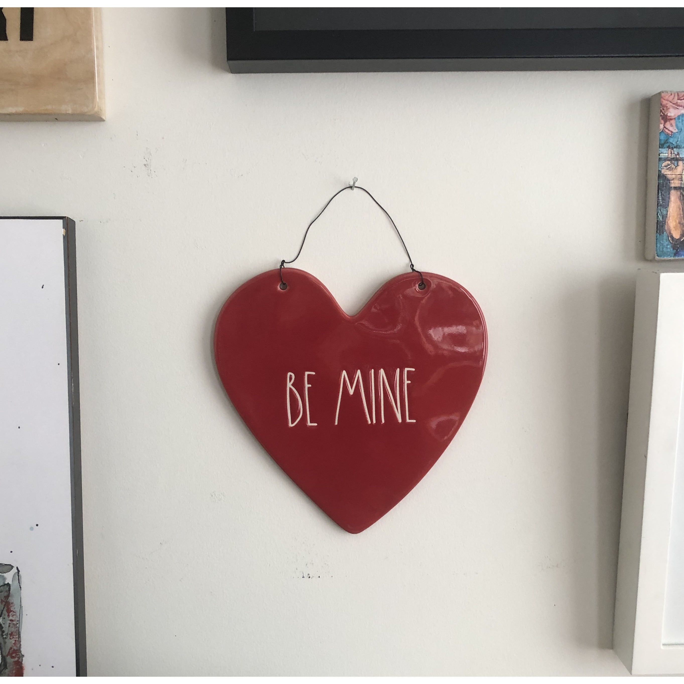 Rae Dunn Heart Shaped Ceramic Wall Hanging in Red with Be Mine in White Font