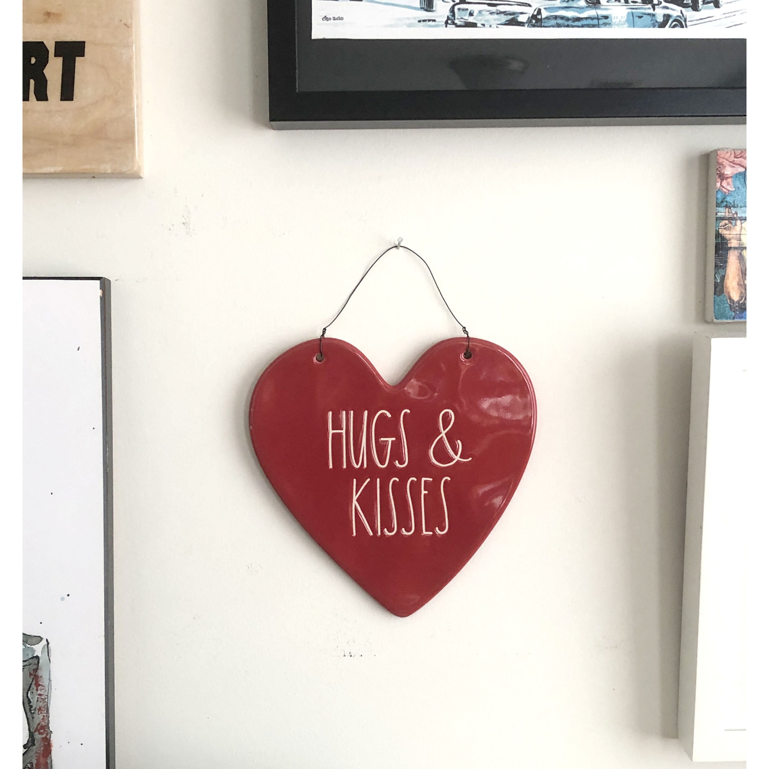 Rae Dunn Heart Shaped Ceramic Wall Hanging in Red with Hugs & Kisses in White Font