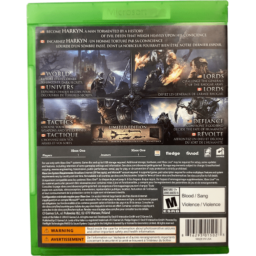 Xbox One "Lords of the Fallen: Limited Edition: Game: Video Game: Opened