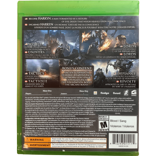 Xbox One "Lords of the Fallen" Game: Video Game: Opened