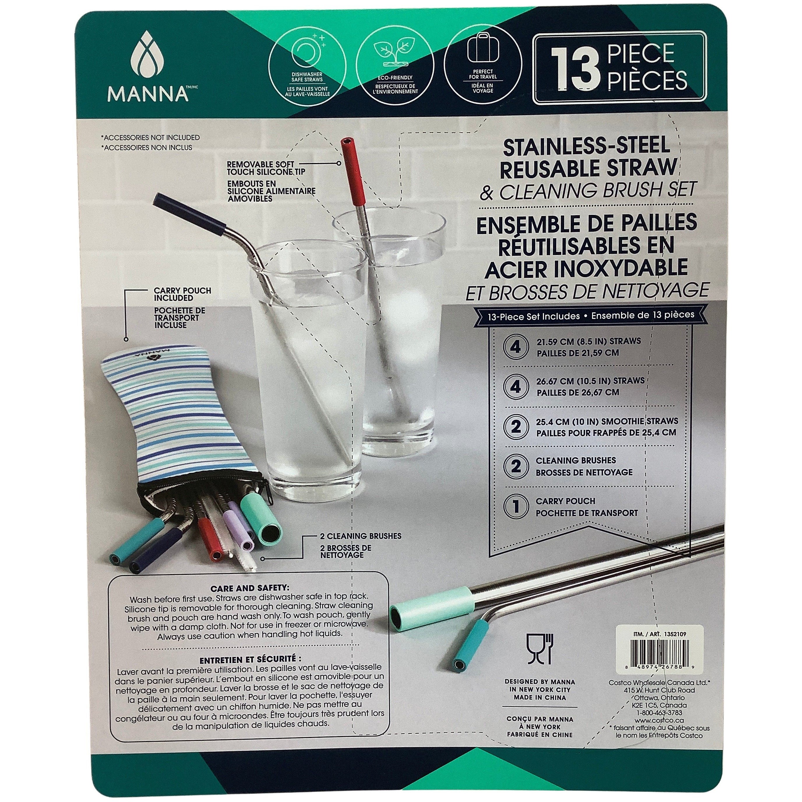 Manna Stainless Steel Reusable Straw Set / 13 Piece Bundle / Dishwasher Safe / Various Sizes