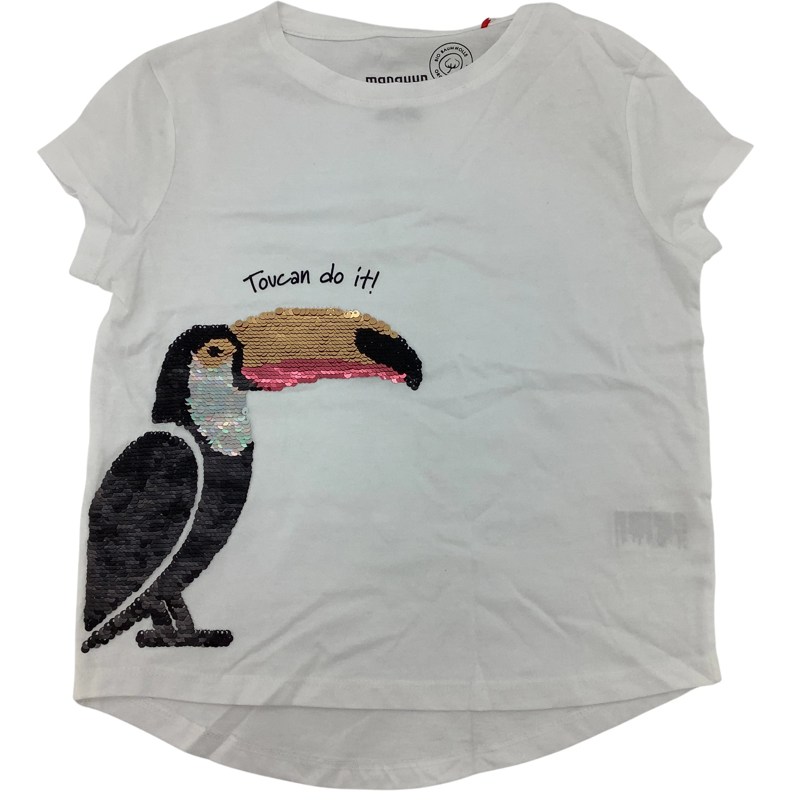 Manguun Girl's T-Shirt / White / Toucan / Reversible Sequins / Kid's Summer Clothes / Various Sizes