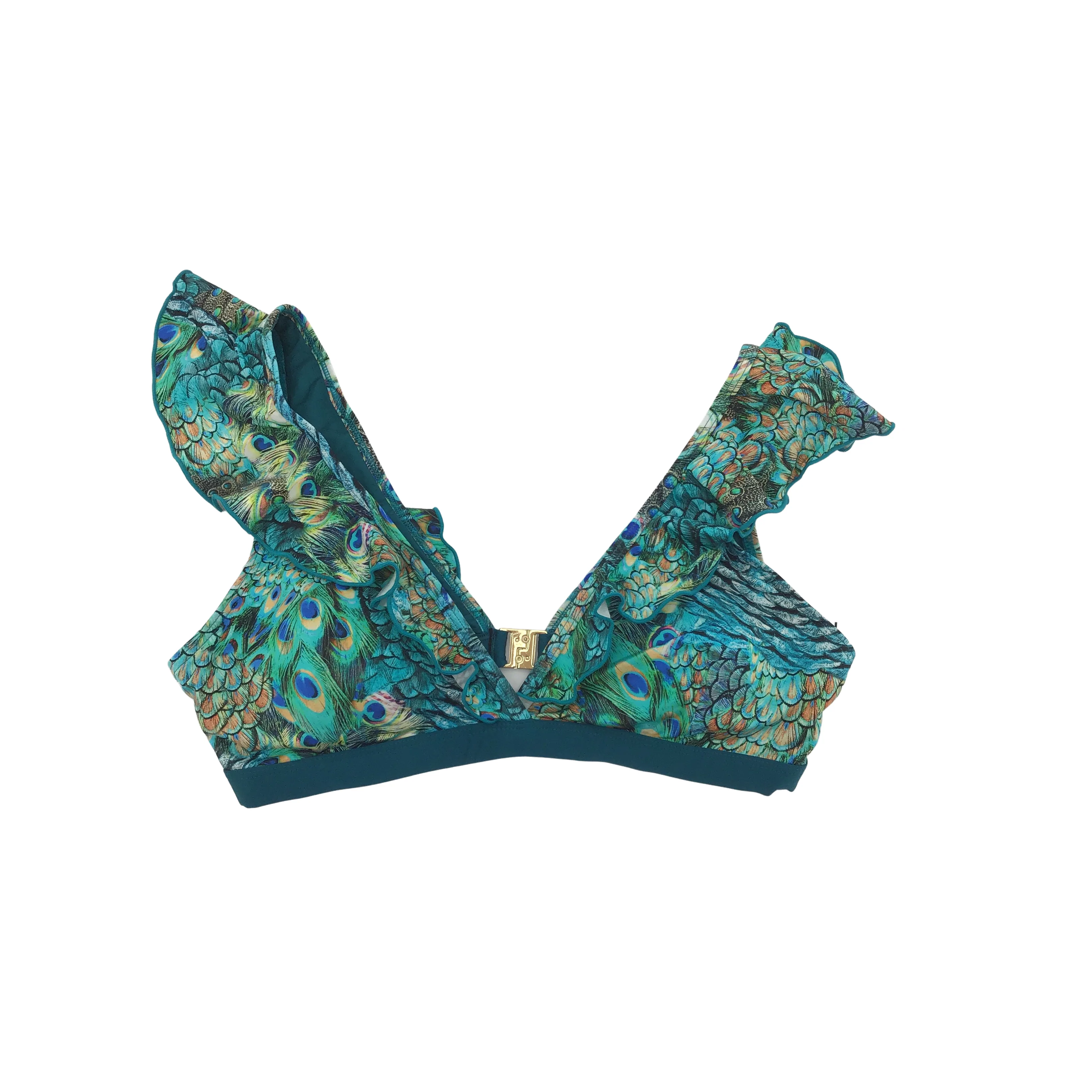 Aqua Blu women's Bathing Suit: Bikini / Peacock Pattern / Ruffles