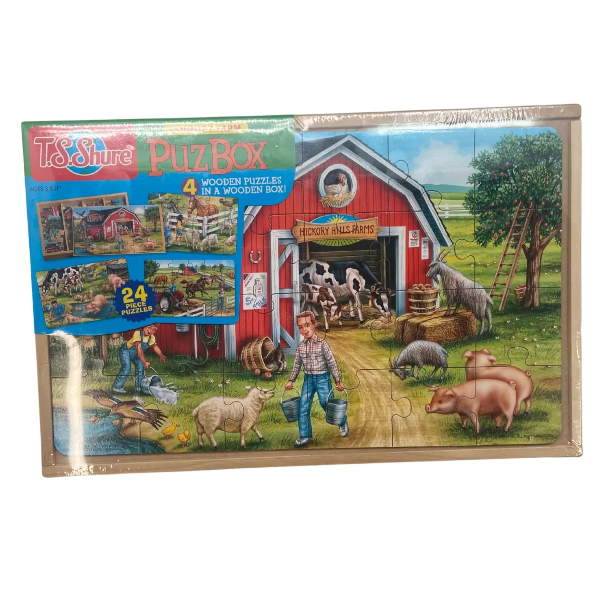 T.S.Shure : Country Farm / Puz Box / 4 Puzzles / Wooden Box / 24 Pieces Each