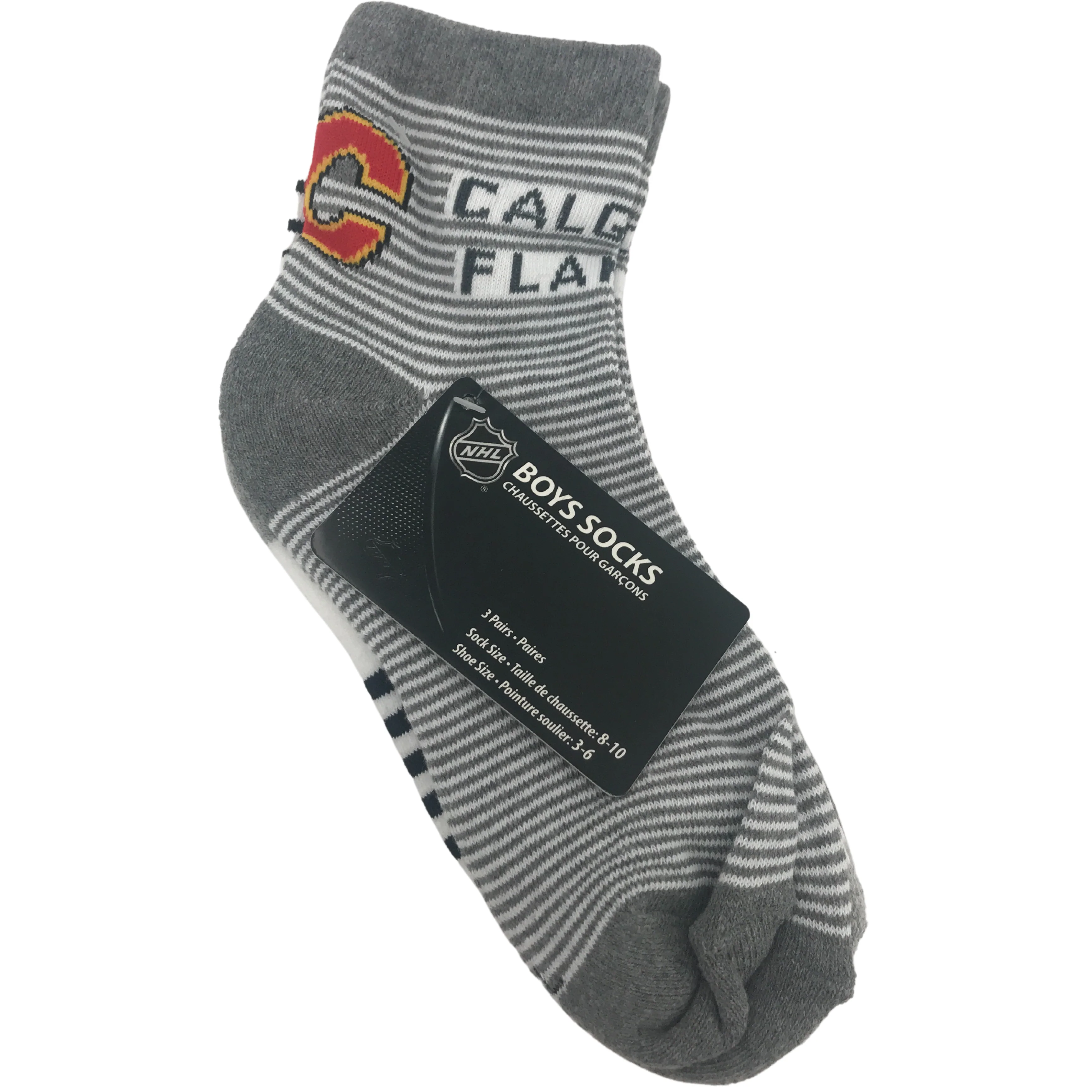 NHL Calgary Flames Boy's Socks / Grey & White / Calgary Flames Logo / 3 Pairs / Ankle Socks