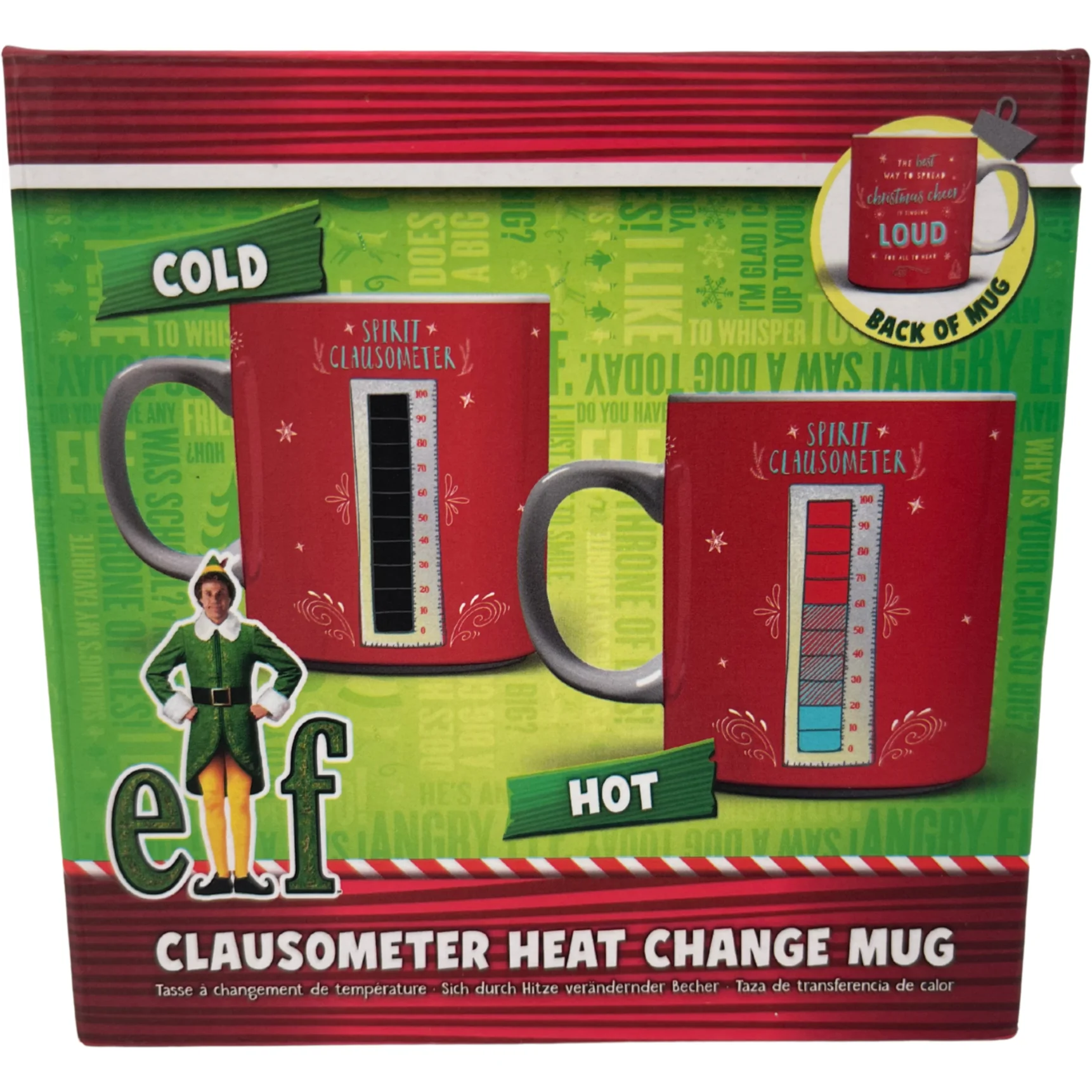 Paladone Elf Heat Changing Coffee Mug / "Spirit Clausometer" / Red with Thermometer