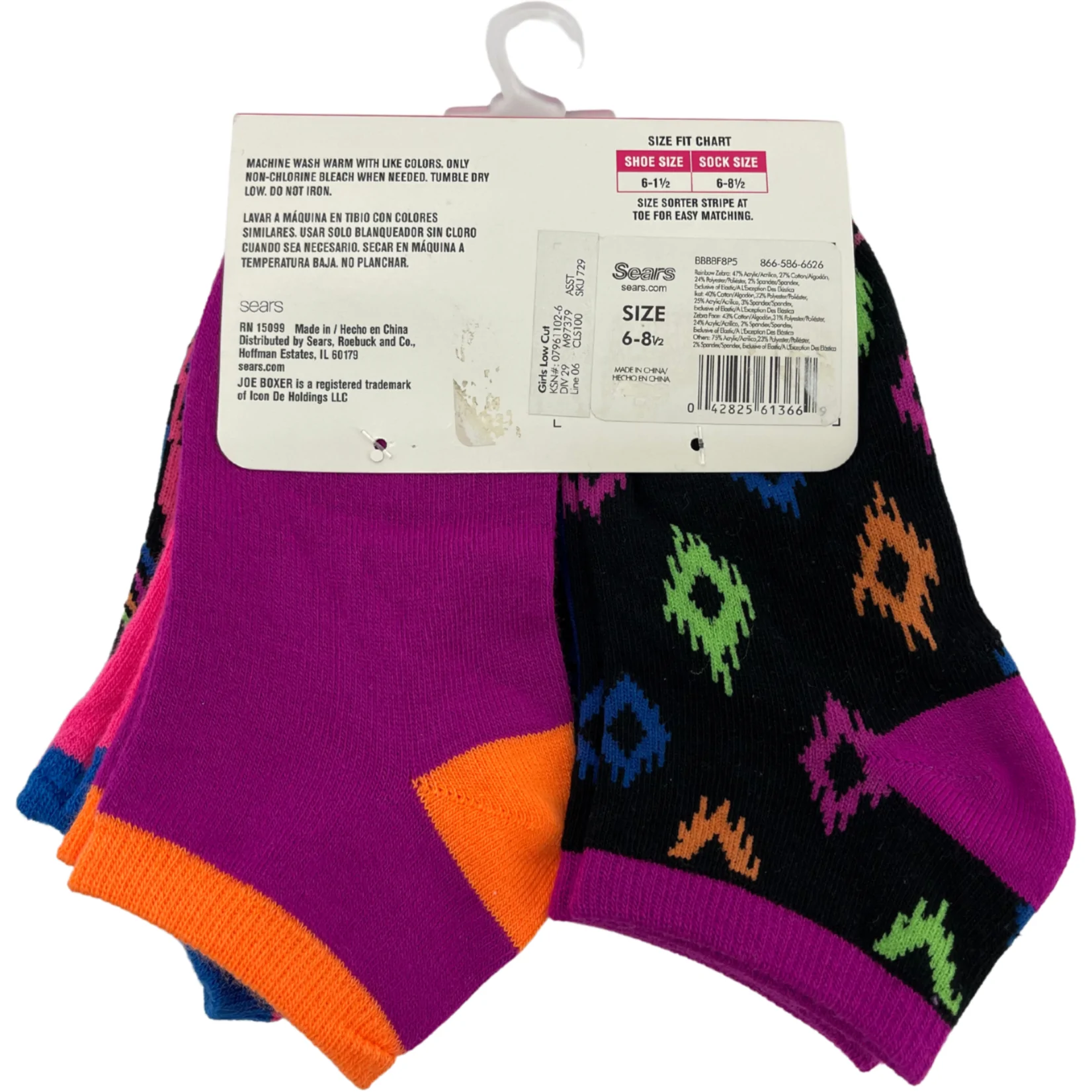 Joe Boxer Girl's Socks / Low Cut Socks / 6 Pack / Bright Colours / Shoe Size 6-1.5