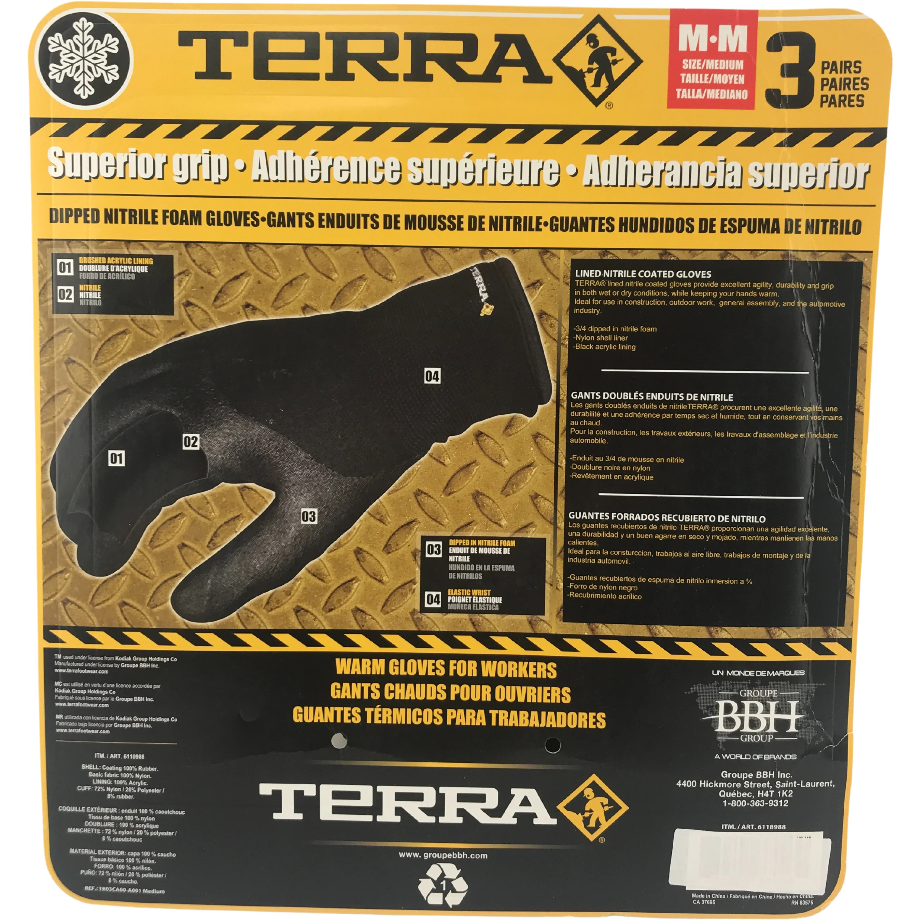 Terra Work Gloves / Black / Dipped Nitrile Foam Gloves / Pack of 3 / Various Sizes