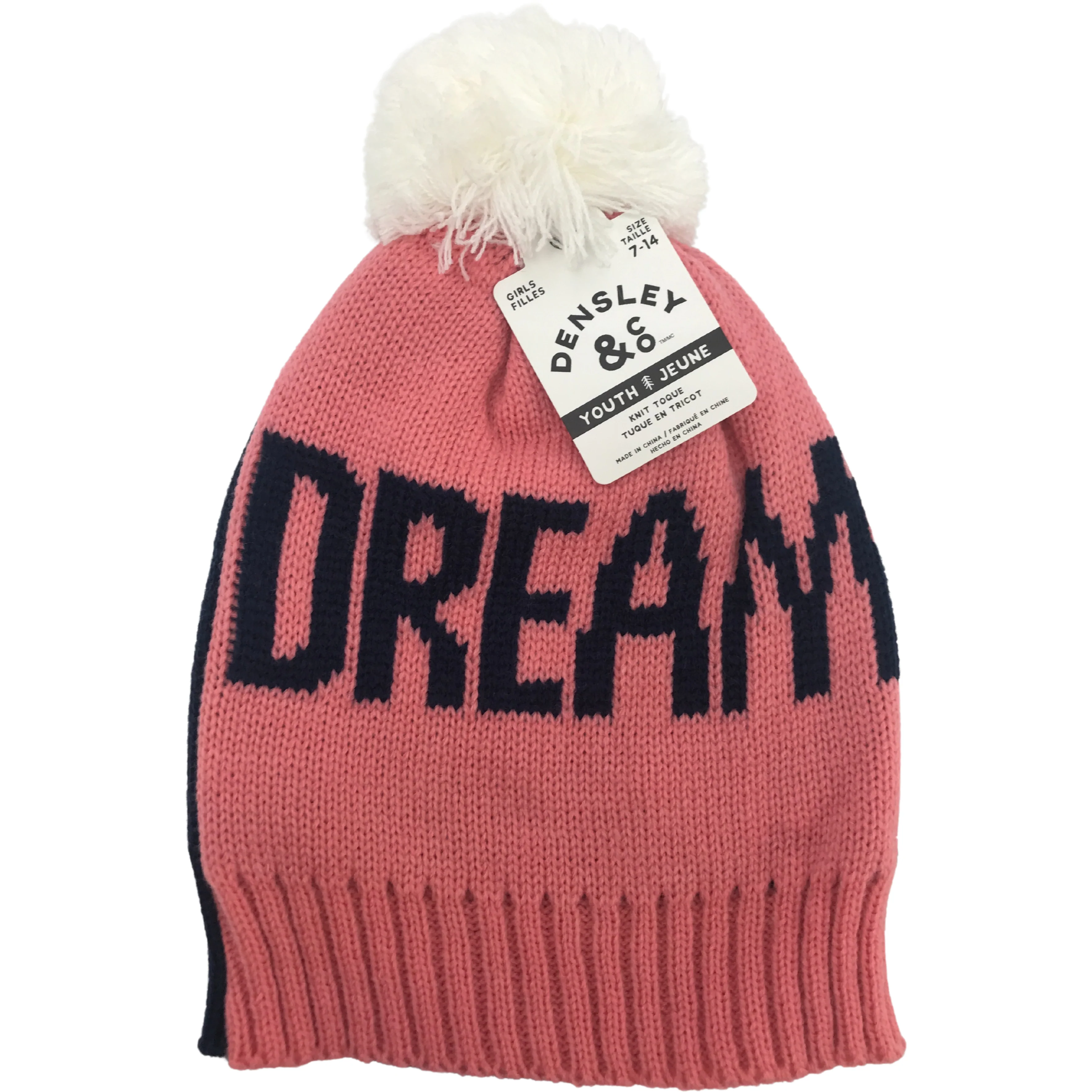 Densley & Co Girl's Youth Knit Hat / Winter Hat / Winter Toque / Pink, Blue & White