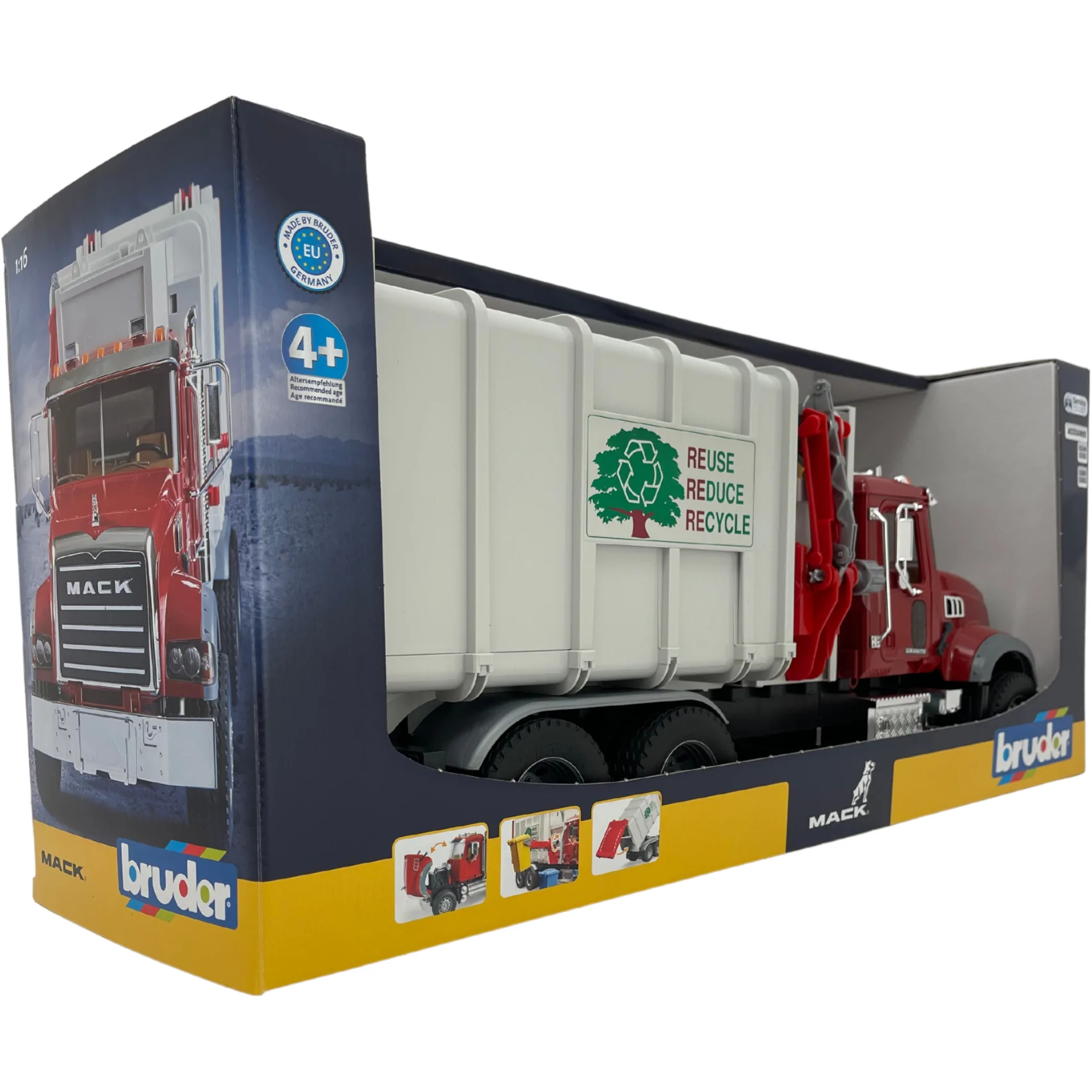 Bruder MACK Garbage Truck Toy / MACK Granite Garbage Truck & Loader / Environmental Service Toy / Red and Grey