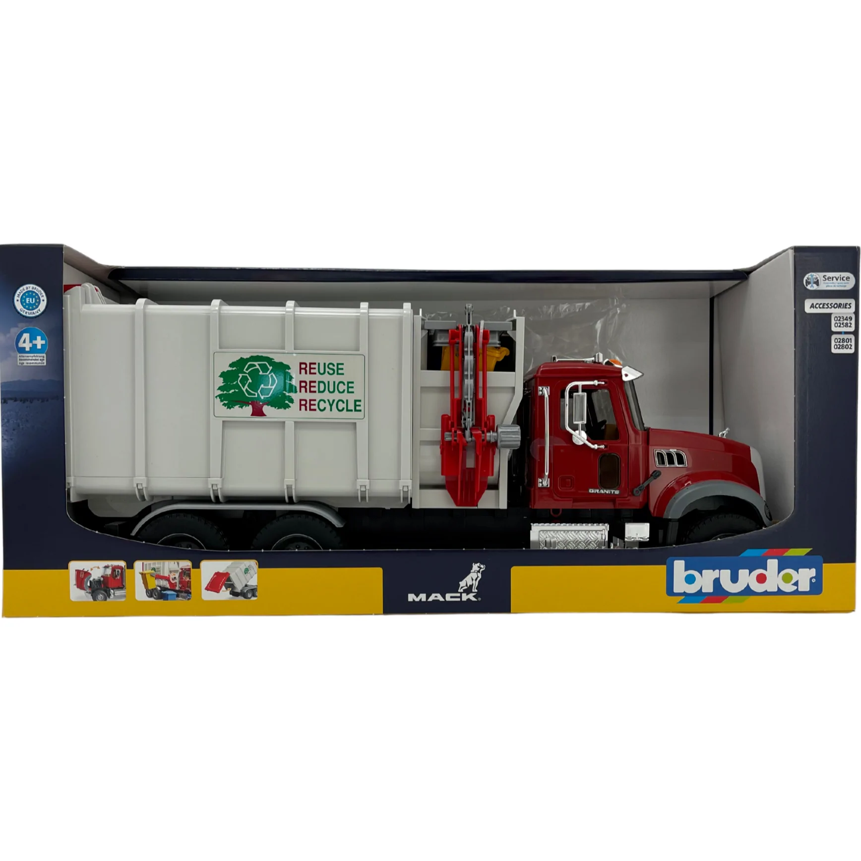 Bruder MACK Garbage Truck Toy / MACK Granite Garbage Truck & Loader / Environmental Service Toy / Red and Grey
