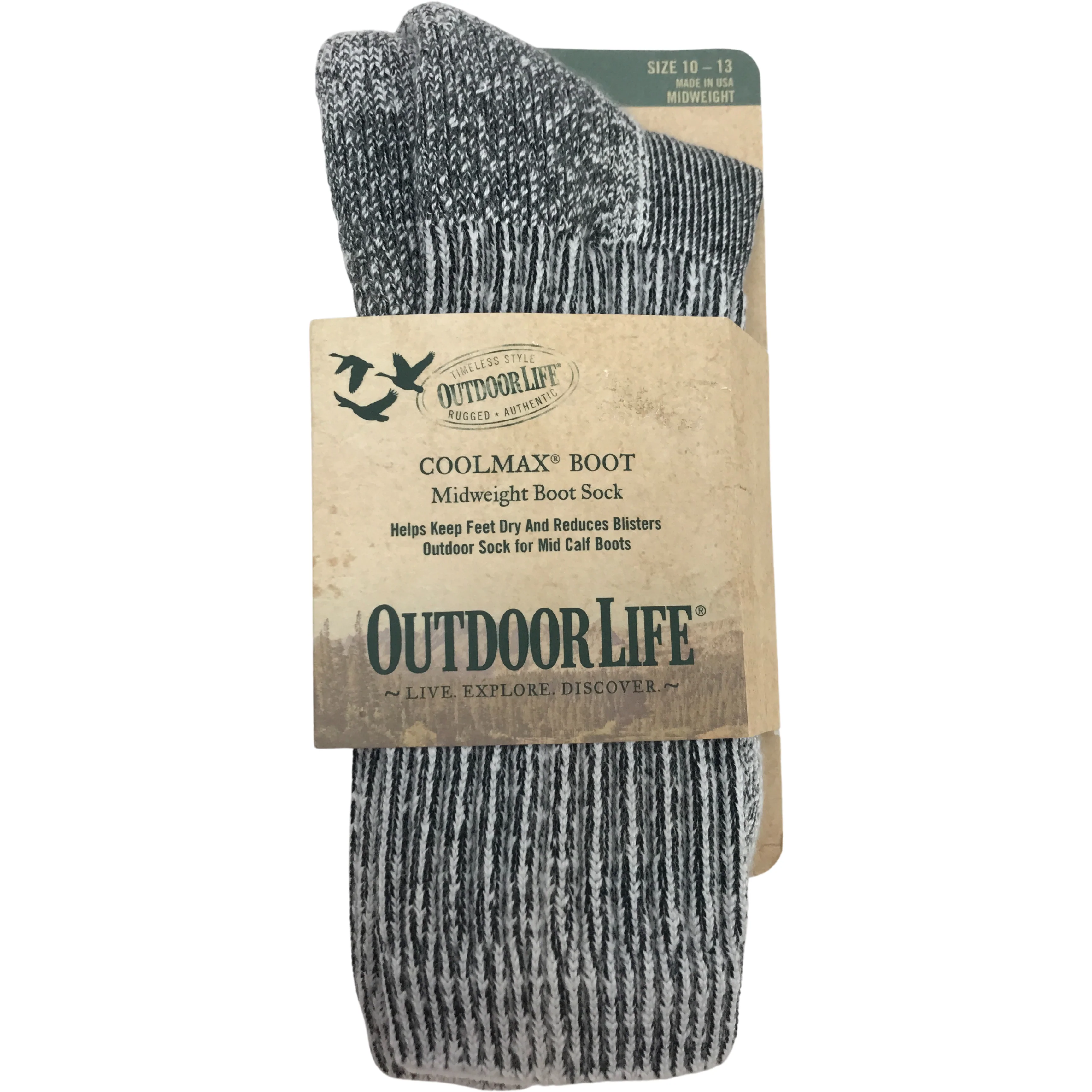 Outdoor Life Men's Crew Sock / Boot Sock / Size 10-13 / White & Grey