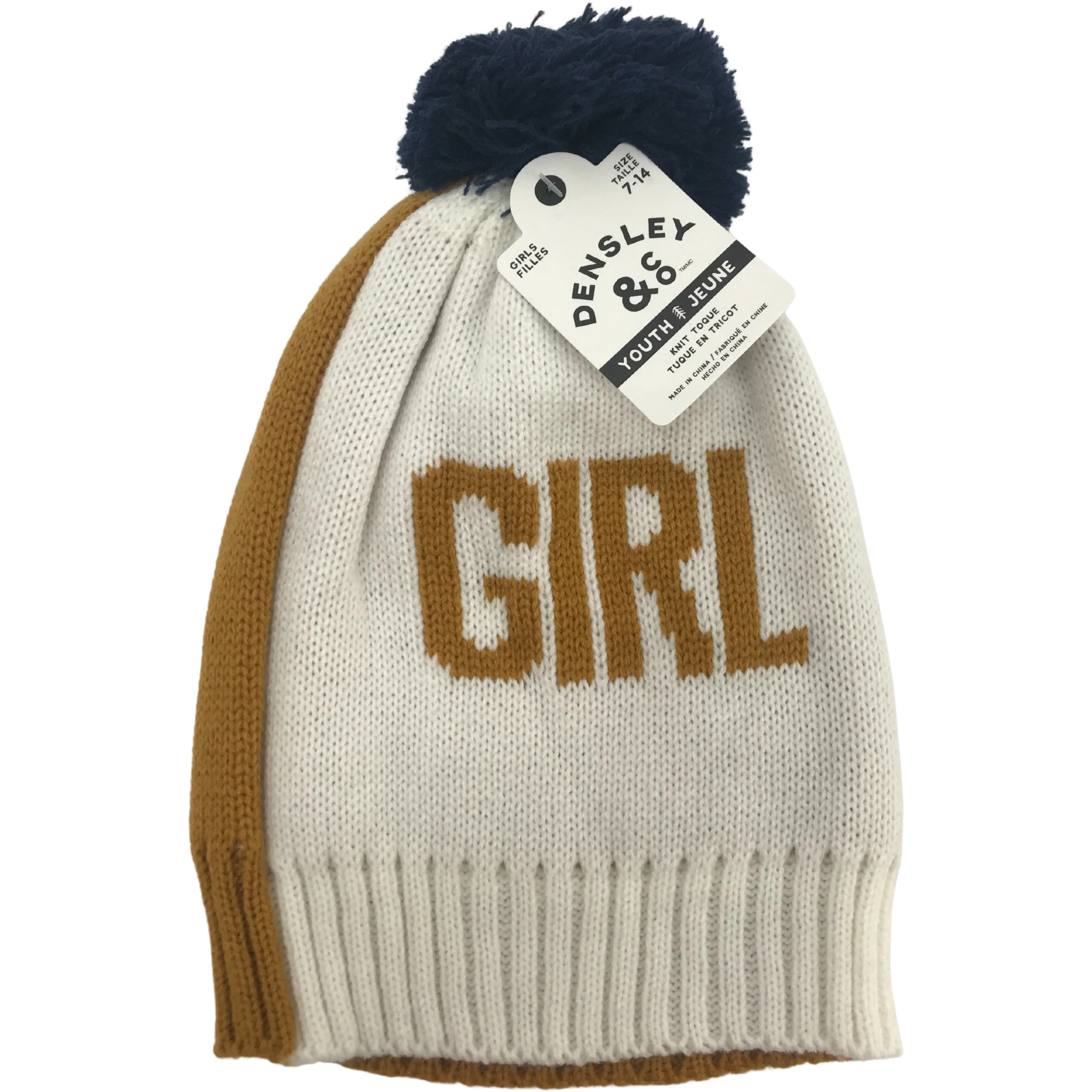 Densley & Co Girl's Youth Knit Hat / Winter Hat / Winter Toque / Mustard, White & Blue