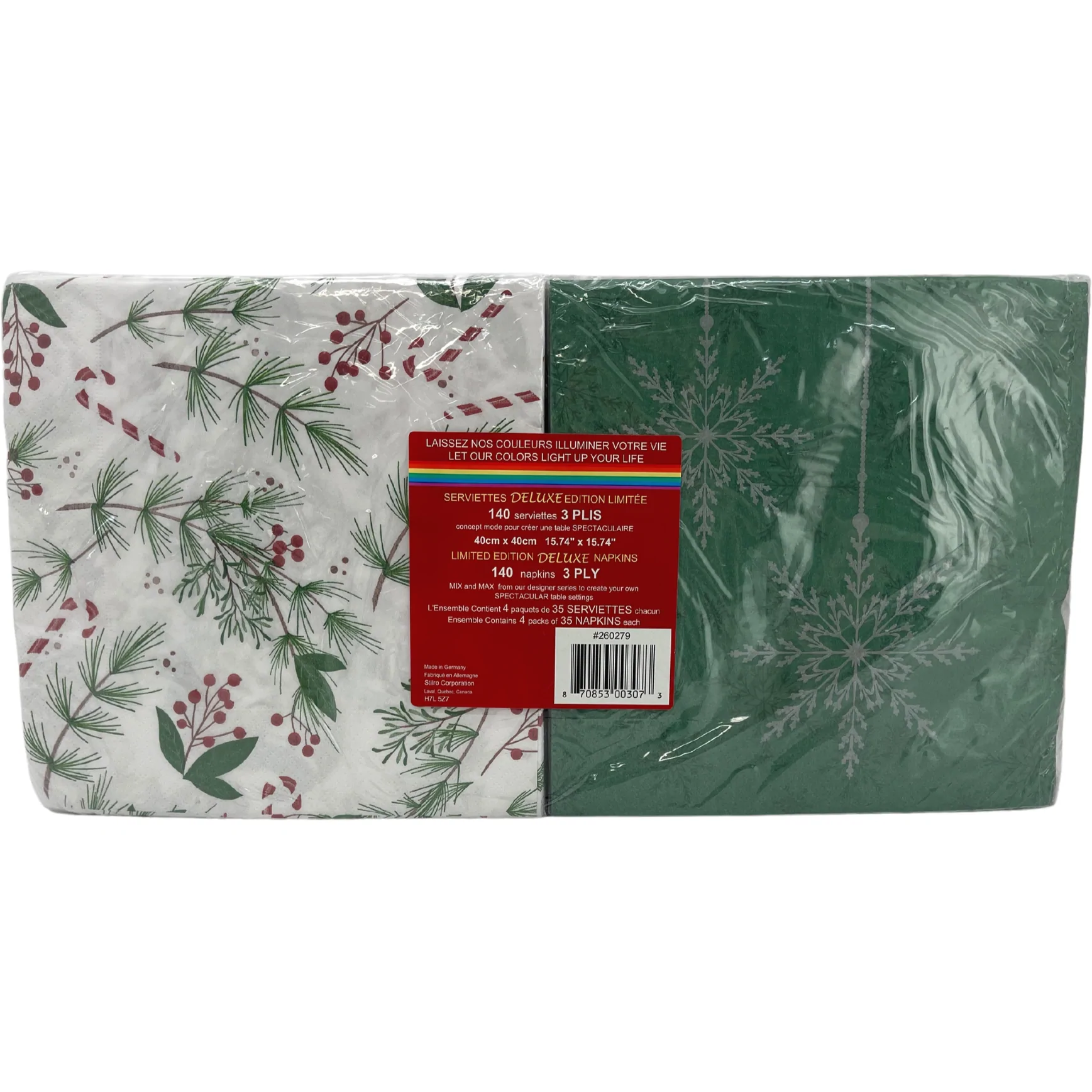 Holiday Napkins / 4 Packs / Green, Red, White & Grey / 140 Napkins / 3 Ply