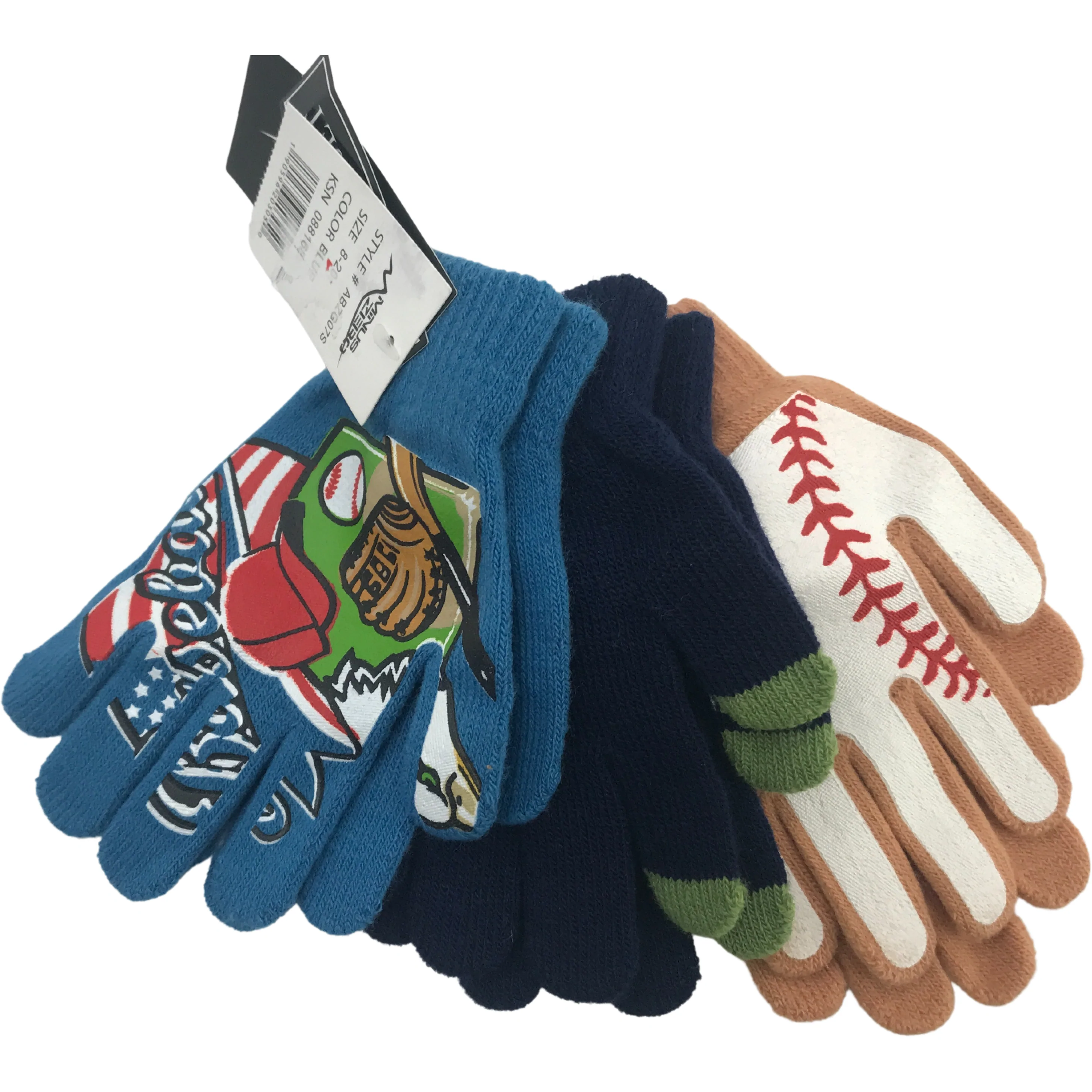 Minus Zero Children's Winter Gloves / Boy's Gloves / Lightweight Gloves / 3 Pack / Blue & Tan / 8-20