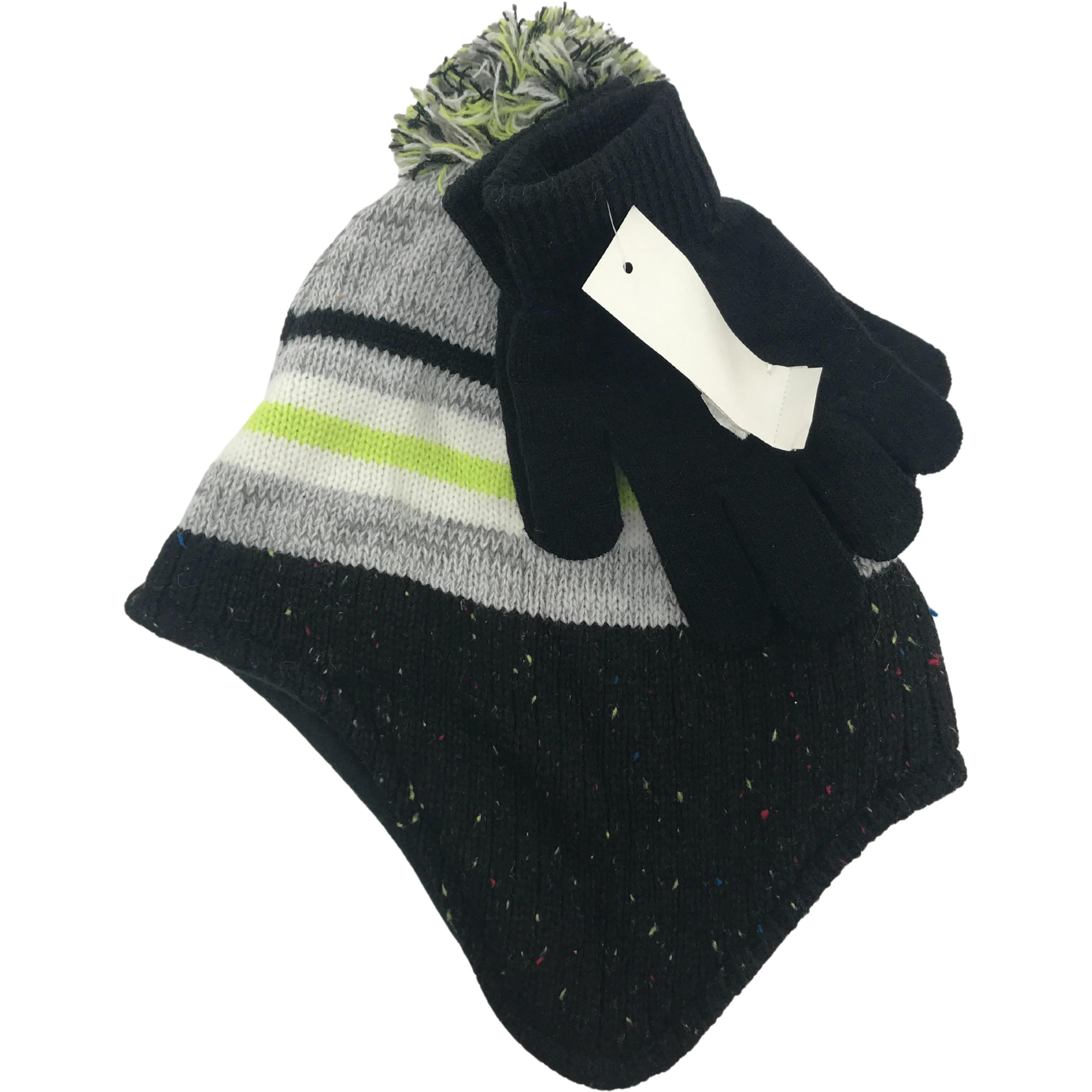 Children's Winter Hat & Glove Set / Boy's Toque / White, Grey, & Black / Size 8-20