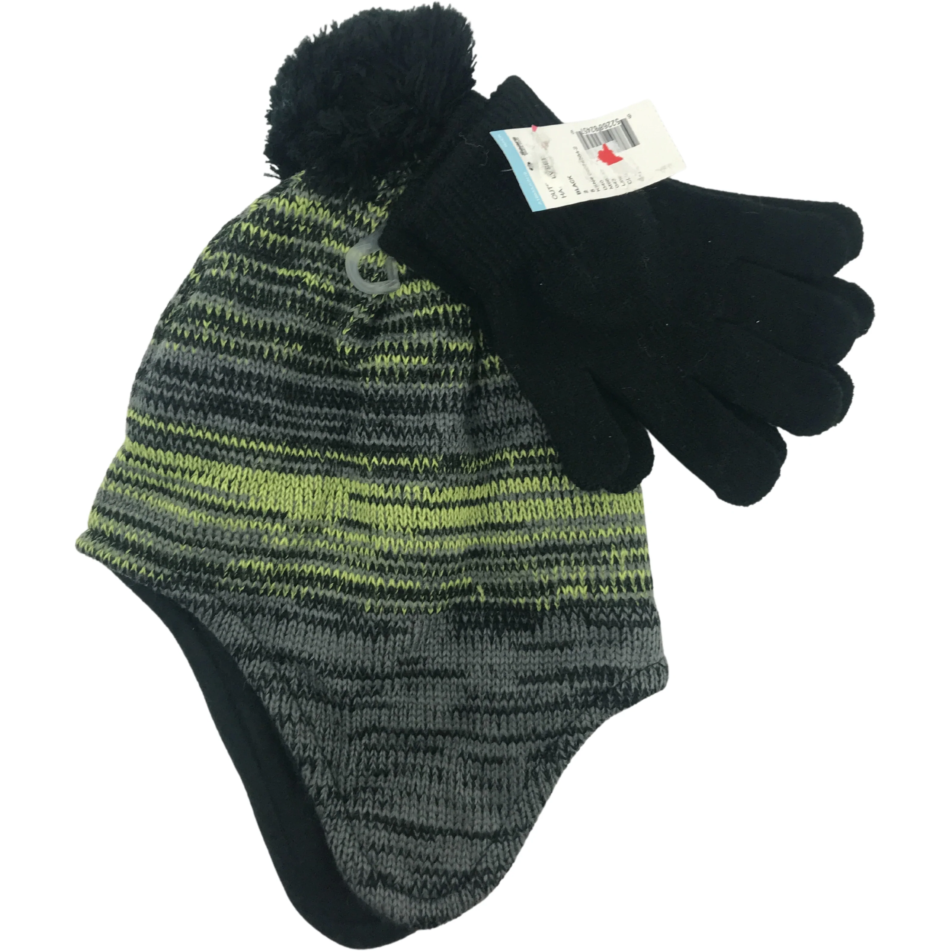 Children's Winter Hat & Glove Set / Boy's Toque / Grey & Green / Size 4-7