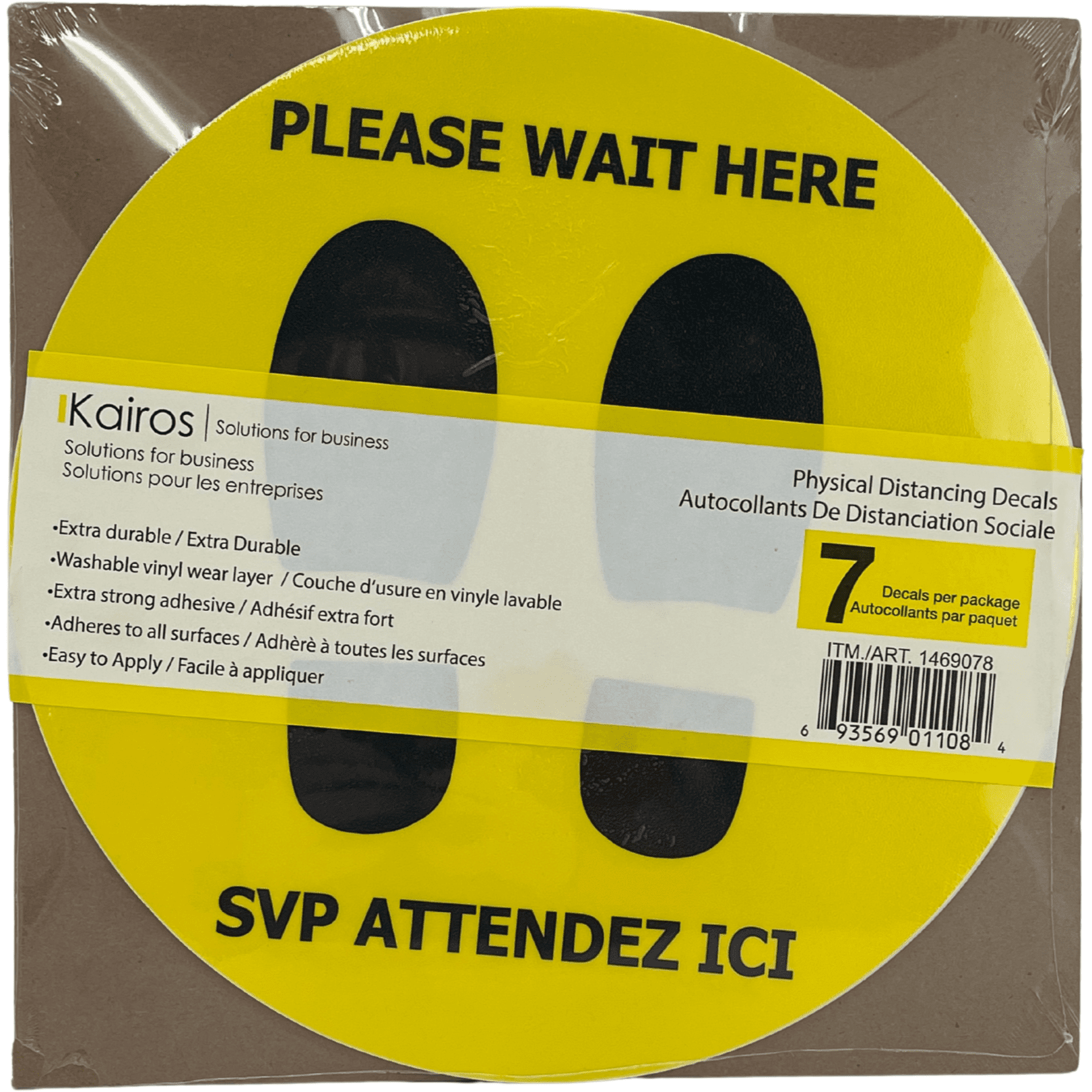 Kairos Physical Distancing Decals / "Please Wait Here" Floor Stickers / English & French / Pack of 7 / Bright Yellow