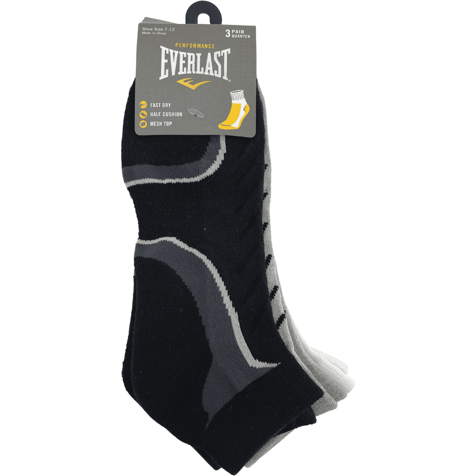 Everlast Men's Performance Socks / Ankle Socks / 3 Pairs / Grey, Black & White / Shoe Size 7-12