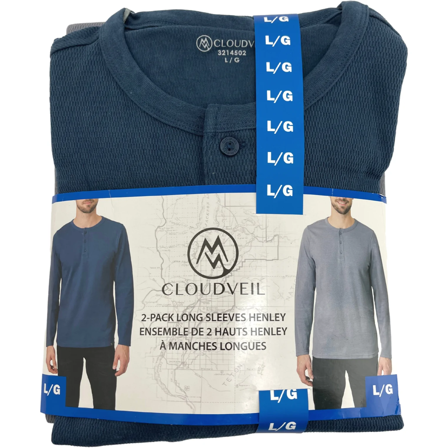 Cloudveil Men's 2 Pack of Long Sleeve Henley Shirts / Blue & Grey