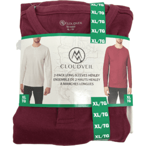 Cloudveil Men's Long Sleeve Shirt / 2 Pack / Henley Style Shirts / Burgundy & White / Various Sizes