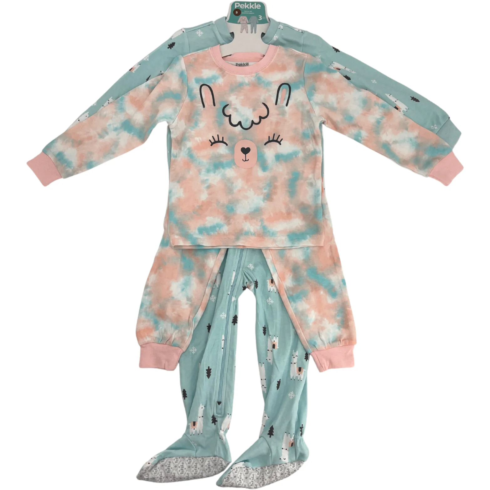 Pekkle Girl's Pyjama Set / 3 Piece Set / Llama Theme / Pink & Blue / Size 3