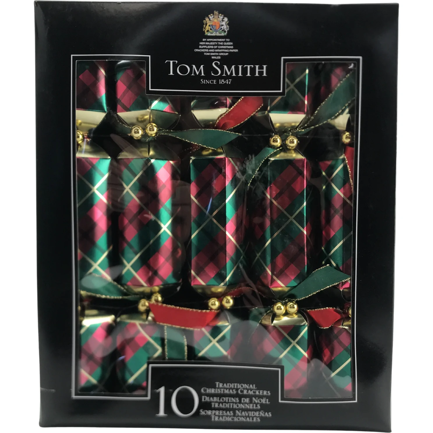 Tom Smith Christmas Crackers: 10 Pack / Red, Green & Gold Plaid Design