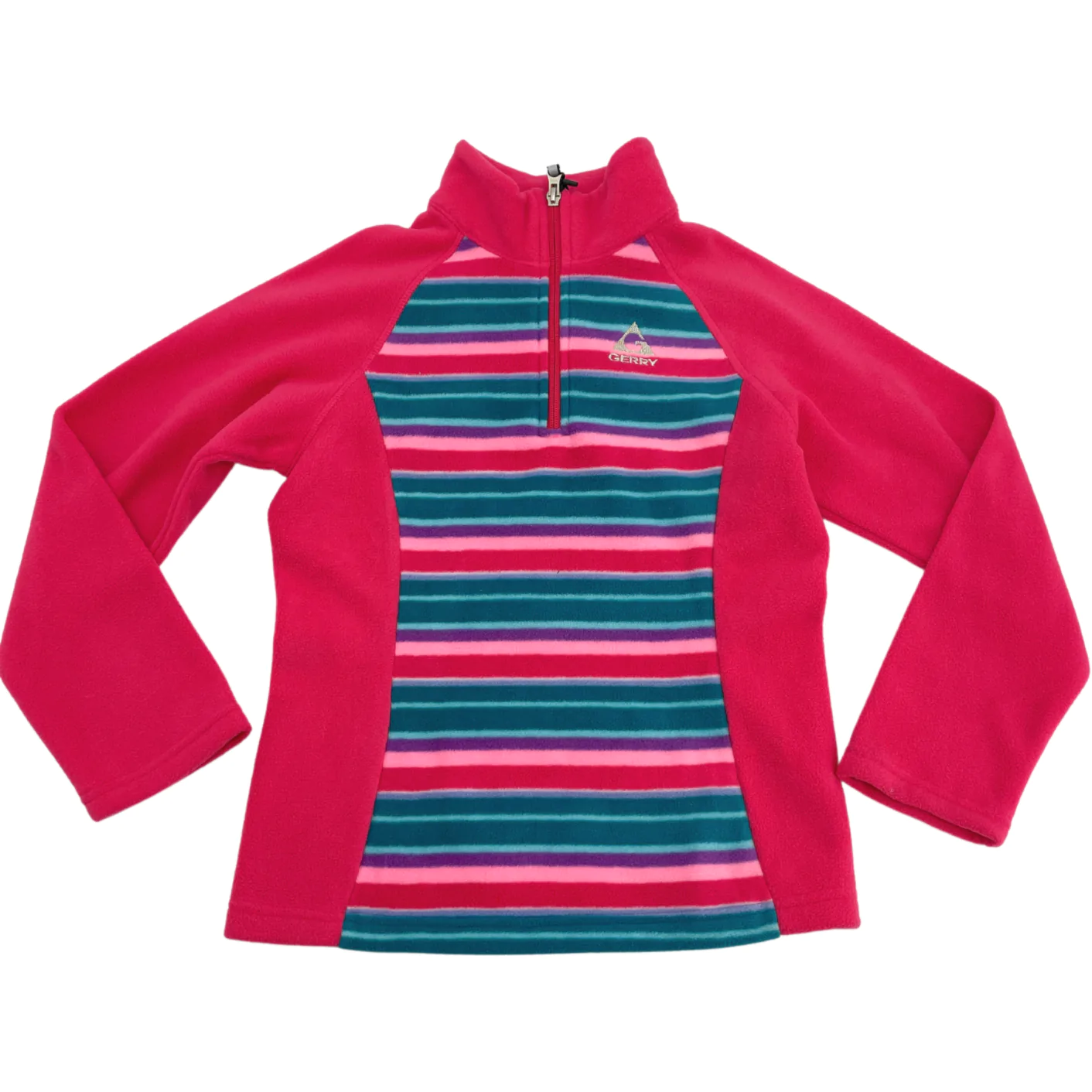 Gerry Girl's Fleece Pullover Sweater / Quarter Zip Sweater / Pink with Stripes / Size Large