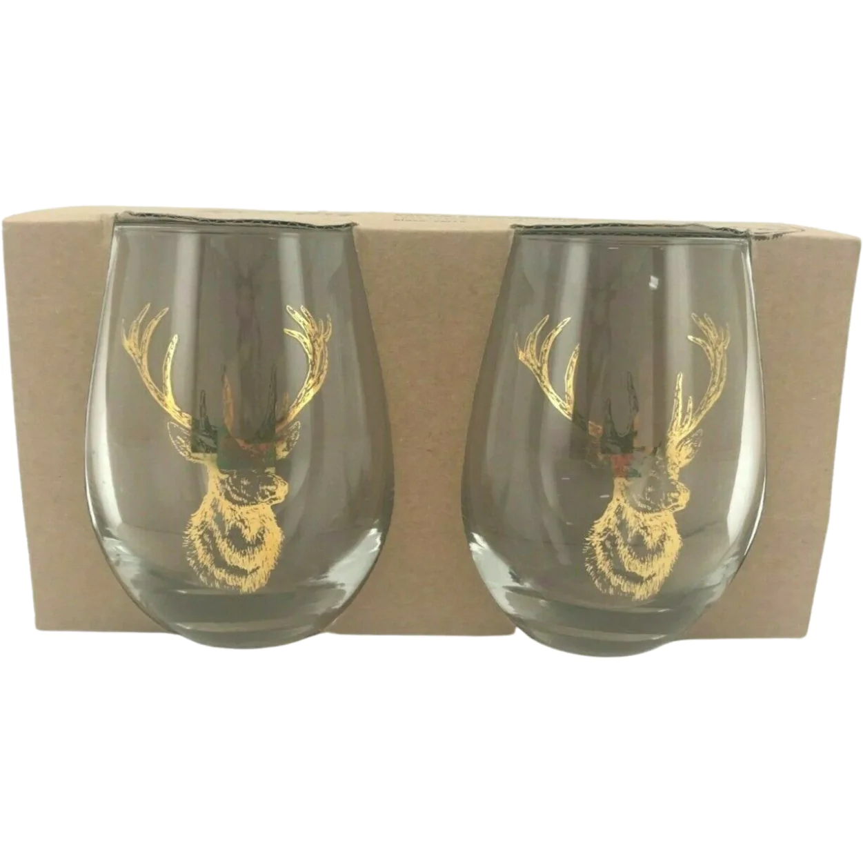 Harmon Stemless Wine Glass Set / 2 Pack / Deer Head Decal / Clear with Gold