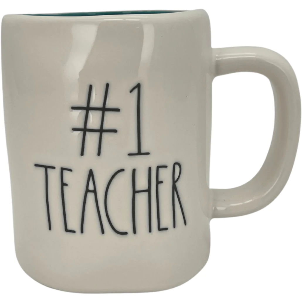 Rae Dunn "#1 Teacher" Coffee Mug  / White with Blue Interior / Teacher Gift