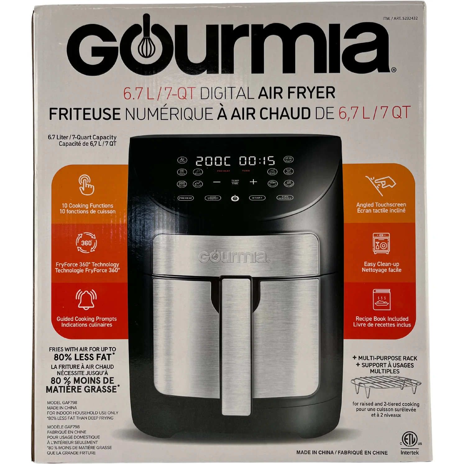 Gourmia Air Fryer: Kitchen Air Fryer / 6.7L / 7Qt / 10 Cooking Functions **OPEN BOX**