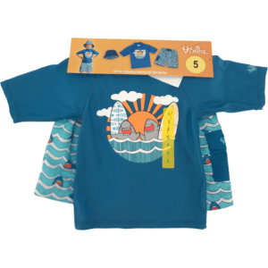 UV Skinz Boys Swim Suit Set / Swim Trunks, Swim Top with Hat / Shark Theme / Blue / Various Sizes