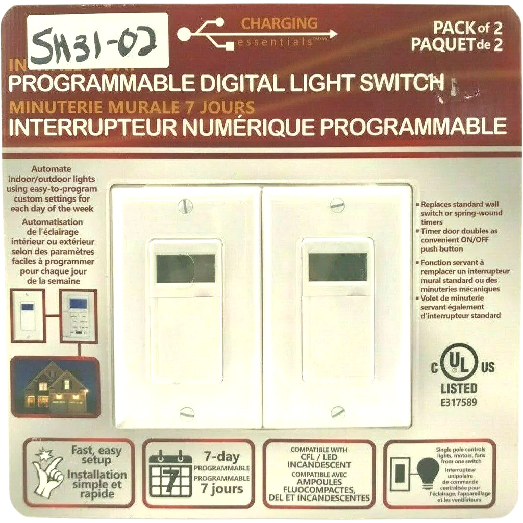 Charging Essentials 7-Day Programmable Digital Light Switch / 2 Pack / In-Wall / White