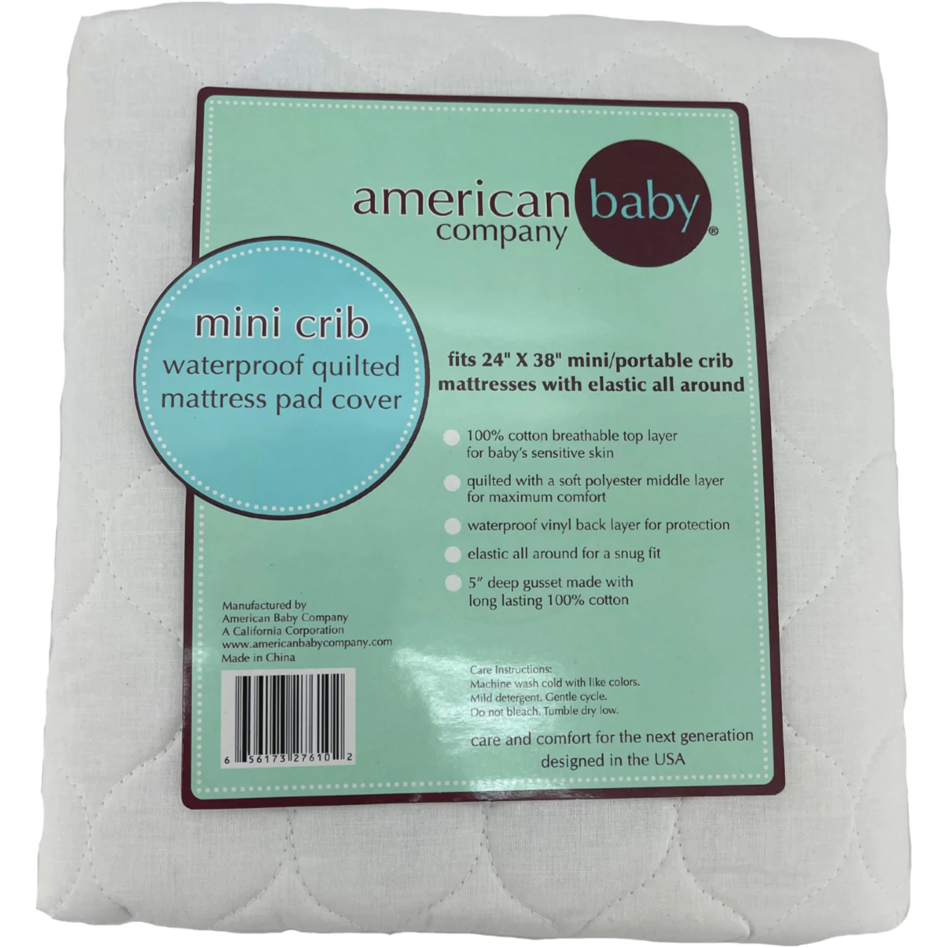 American Baby Mini Crib Mattress Pad Cover / Waterproof Quilted / White / Fits 24" x 38" Mattress