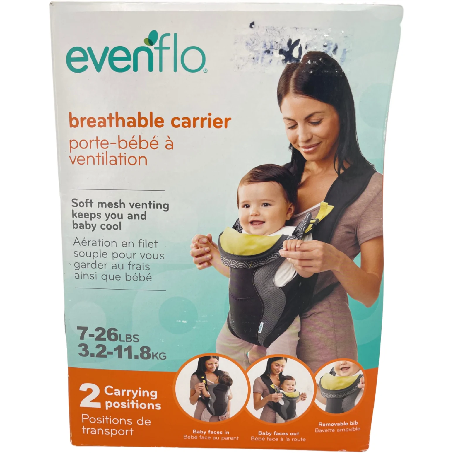 Evenflo Breathable Baby Carrier / 7-26lbs / Grey, Black & Yellow