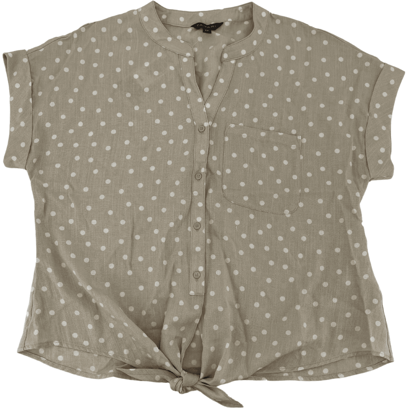 Tahari Women's Short Sleeve Top / Button Up Shirt / Tan with Polka Dots / Size Small