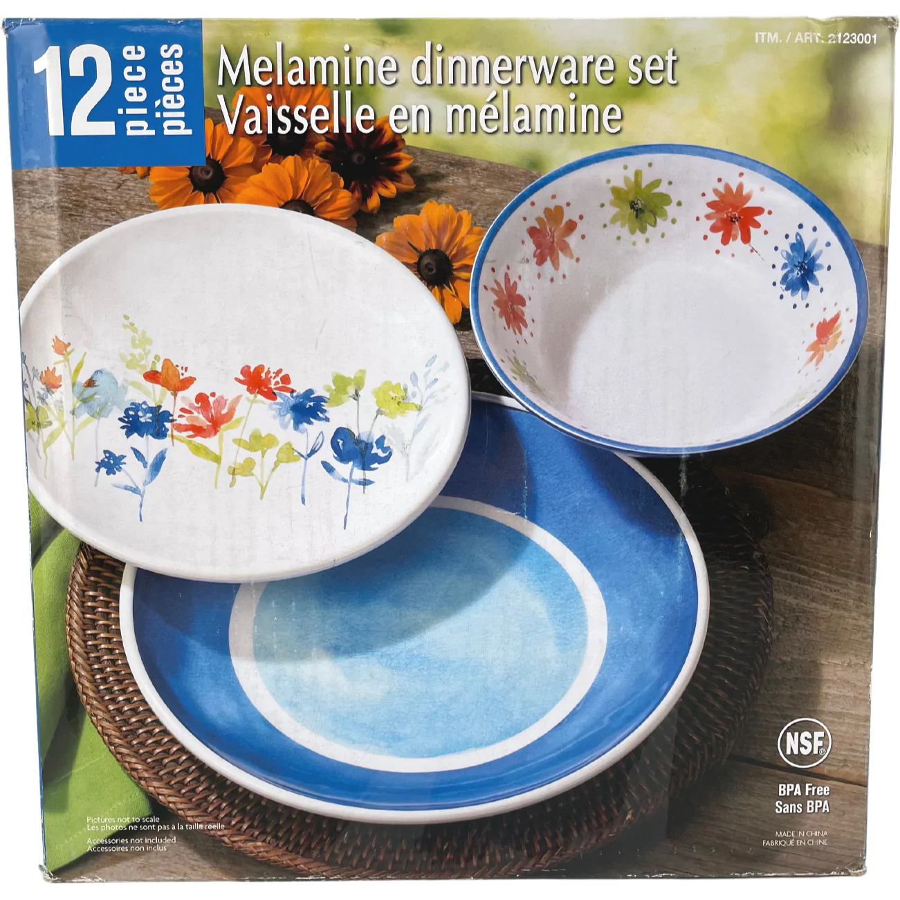 Melamine Dinnerware Set / 12 Piece / Blue & White / Floral