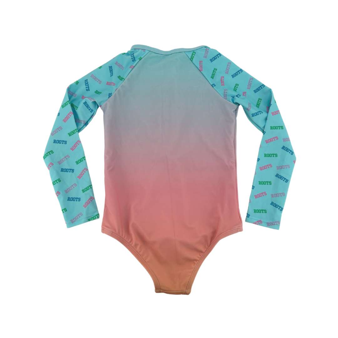 Roots Girl’s Long Sleeve One Piece Bathing Suit / Blue & Pink