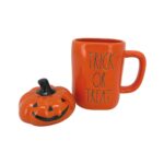 Rae Dunn Orange Trick or Treat Coffee Mug with Pumpkin Topper1