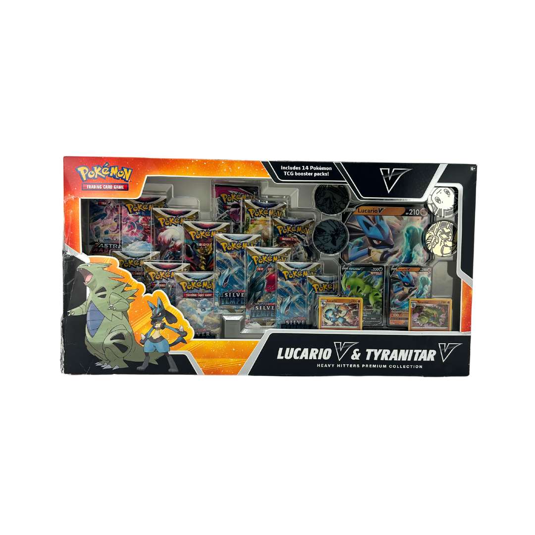 pokemon heavy hitters premium collection card set TCG Lucario V & Tyranitar V Box w/ Sleeves and Tyranitar Pokemon - Lucario V &