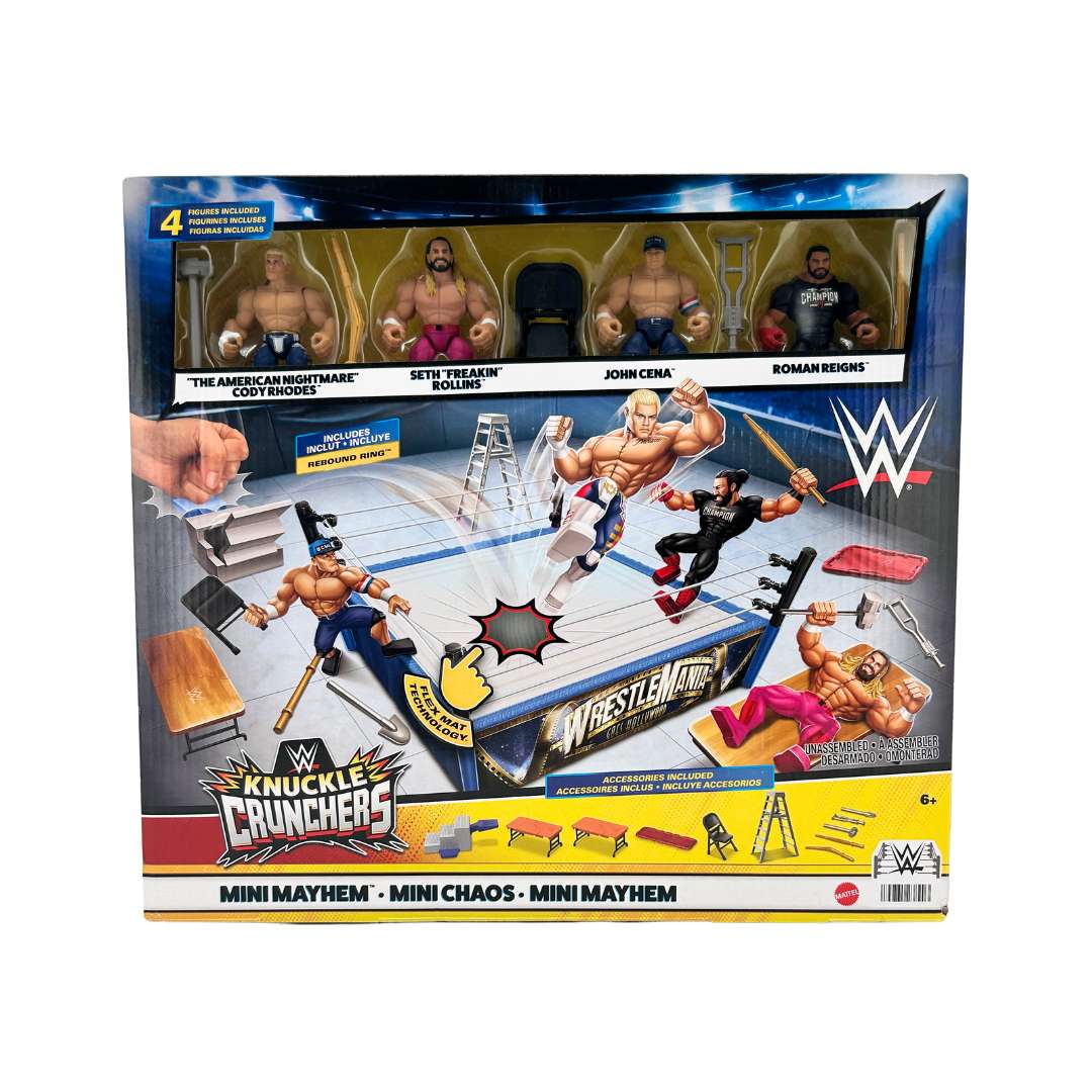 WWE Knuckle Crunchers Mini Mayhem Wrestling Ring Bundle / 4